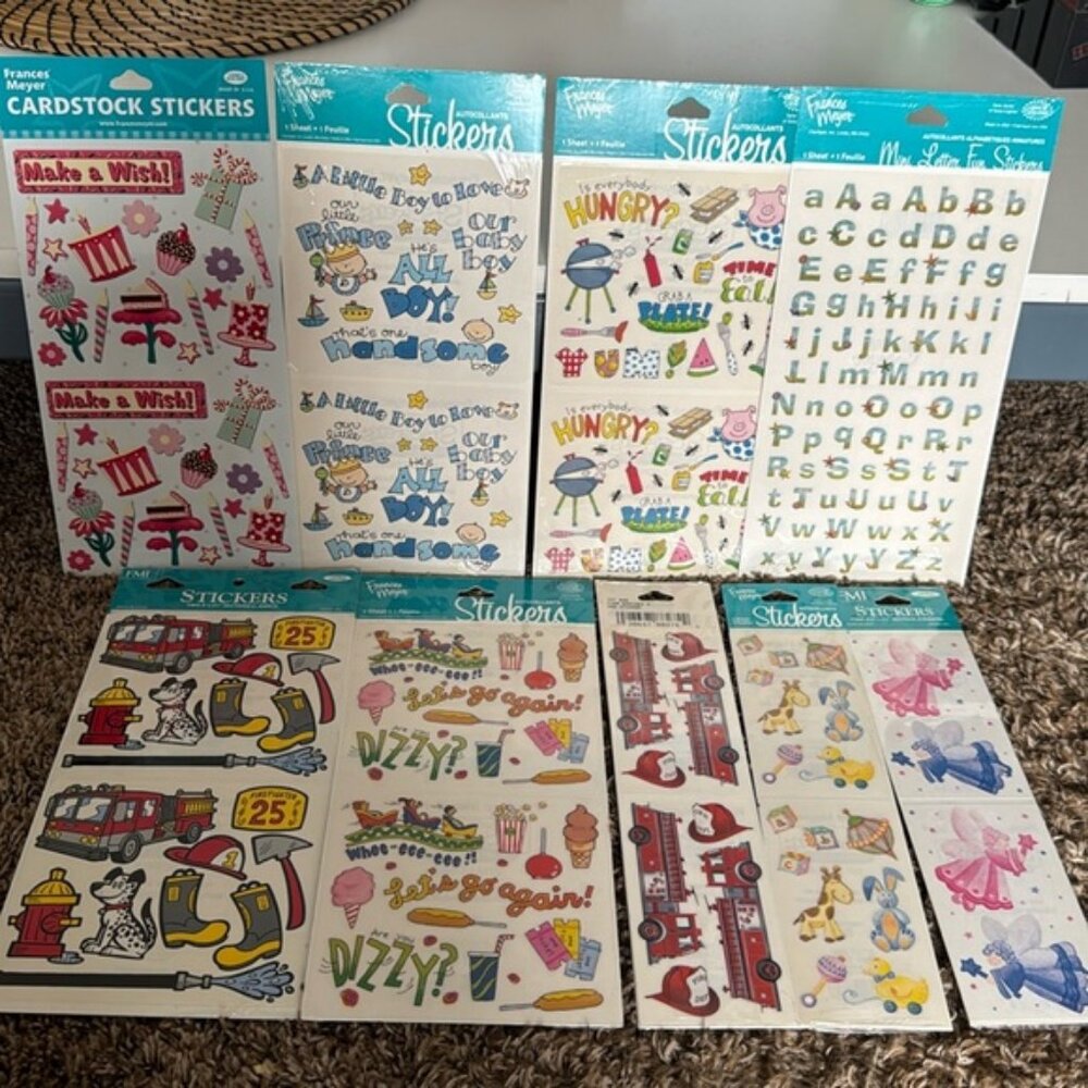 Vintage FMI Francis Meyer Stickers Firefighter Fairy Baby Letters Park Birthday
